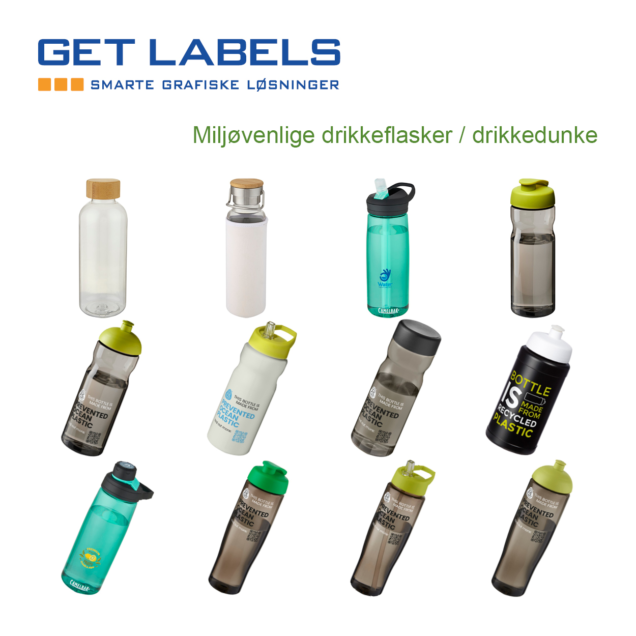 Miljørigtige drikkeflasker med logotryk. Getlabels.dk